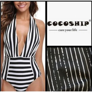 CoCoship Striped Plunging Swimsuit Size M